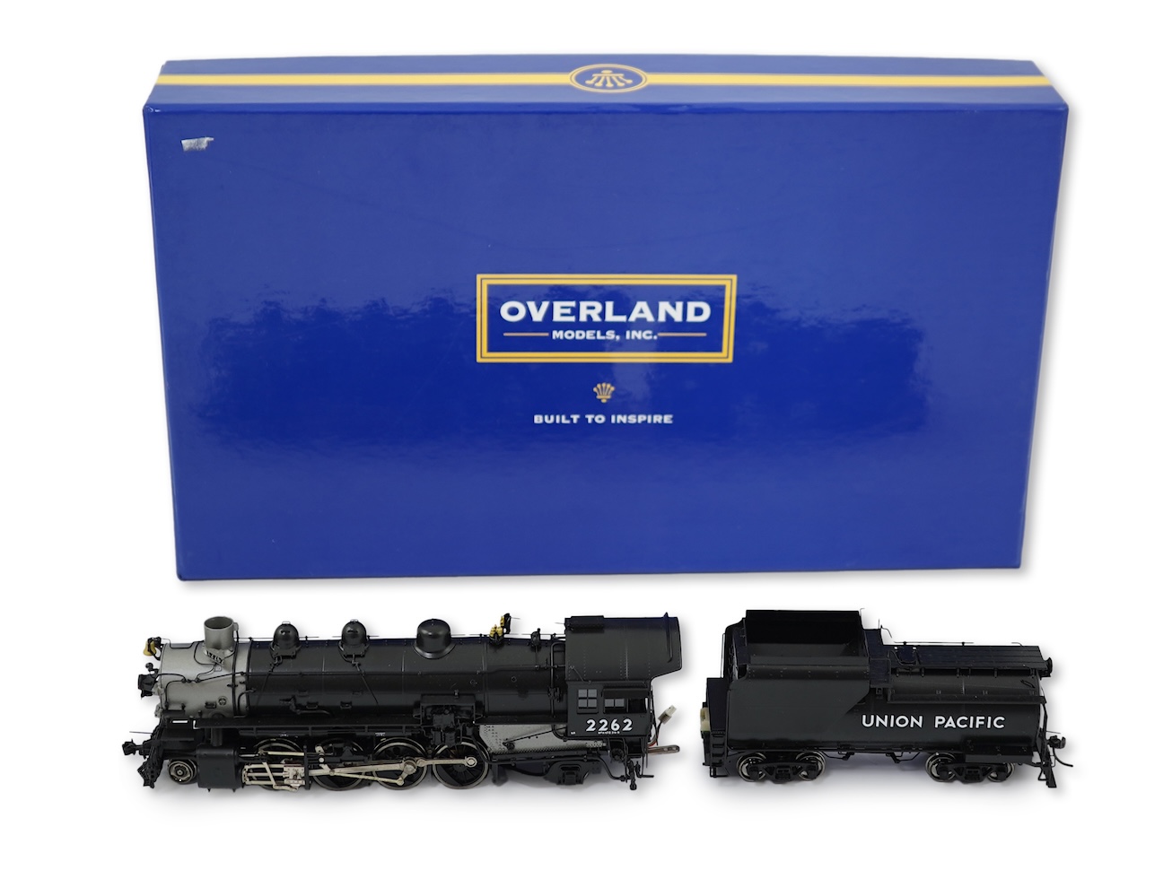 A boxed HO gauge Overland Models Inc. model of Union Pacific MK-7, 2262, 2-8-2 locomotive with bogie tender, powered for two rail operation.